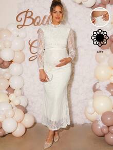 Loomaby 孕妇蕾丝领长袖上衣和可调节腰部修身短裙两件套，优雅 - 白色 - 查看 3