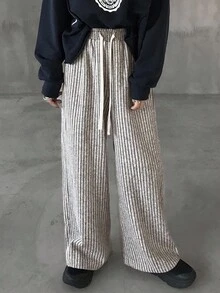 FRIFUL Women's Striped Fabric Elastic Waist Drawstring Straight Leg Loose Casual Pants, Versatile, Autumn - Grey - View 2