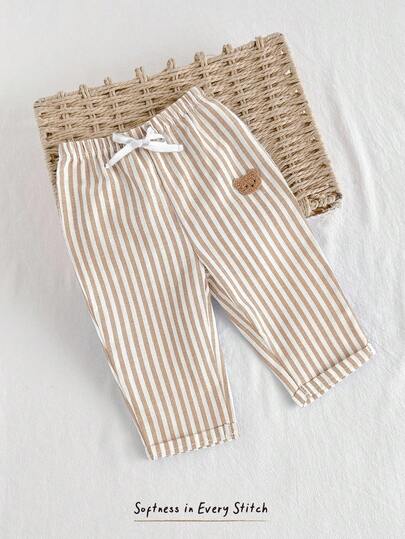 Cozy Pixies Baby Boy Elastic Waist Casual Pants With Decorative Ribbon, Comfortable & Versatile Fall