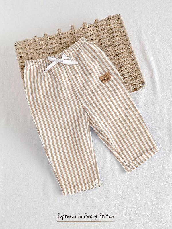 Cozy Pixies Baby Boy Elastic Waist Casual Pants With Decorative Ribbon, Comfortable & Versatile Fall