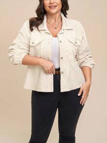 Comfylo 大码女式秋冬杏色灯芯绒长袖翻领外套 大码女式秋冬外套 万圣节服装外套 - 杏色 - 查看 6