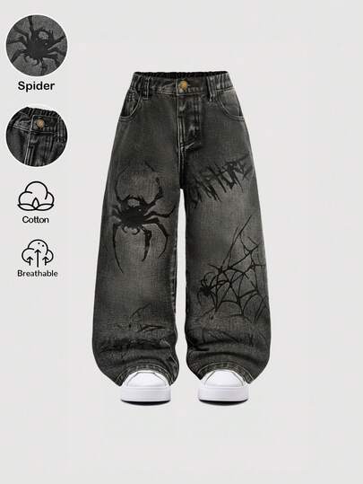 SHEIN Young Boy Vintage Y2k Urban Street Cool Style Black Denim Graffiti Spider Prints Fashionable Stonewashed Loose Fit Baggy Jacket,For Fall/Winter Dailywear Costume,Streetwear,Halloween And Christmas,Winter Jeans,Jeans
