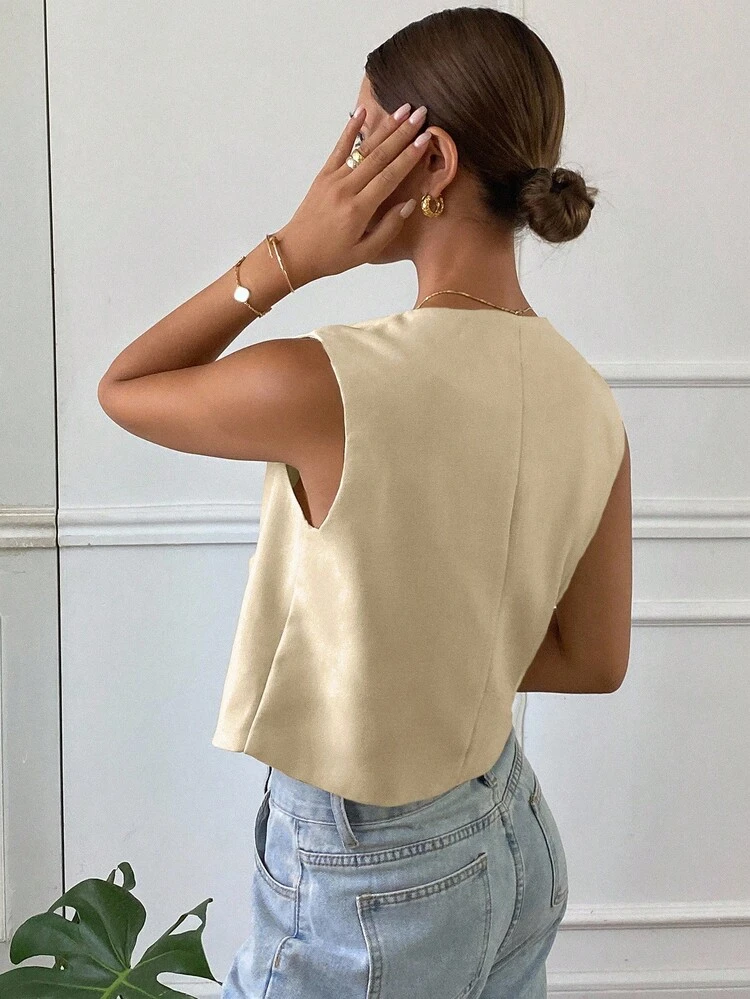 Women Solid Color Round Neck Sleeveless Fitted Jacket,Fall Clothes