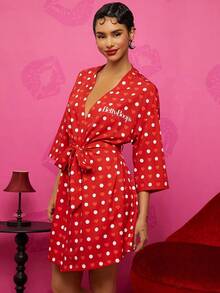 Betty Boop x SHEIN 夏季波尔卡圆点爱心图案七分袖红色睡袍，休闲、性感、可爱风格，适合秋季