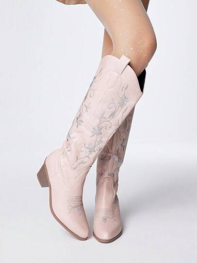 Kawaii Women's Hollow Design Butterfly Wing Embroidery Western Boots, New Spring/Autumn Leather Over-The-Knee Boots, Pink