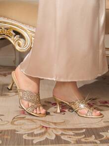 CUCCOO TILAWA Women's Glamorous Summer Gold Glitter Rhinestone Embellished High Heel Slide Sandals - Gold - View 3