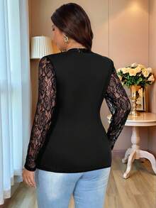 SHEIN Elenzya 女士时尚优雅针织蕾丝拼布修身T恤 - 黑色 - 查看 2
