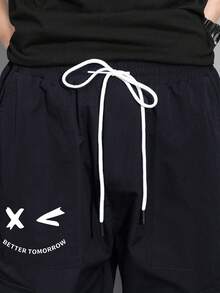 Claim Dot Loose-Fit Men's Flip Pocket Cargo Pants With Cartoon Print, For Fall - Navy Blue - View 6