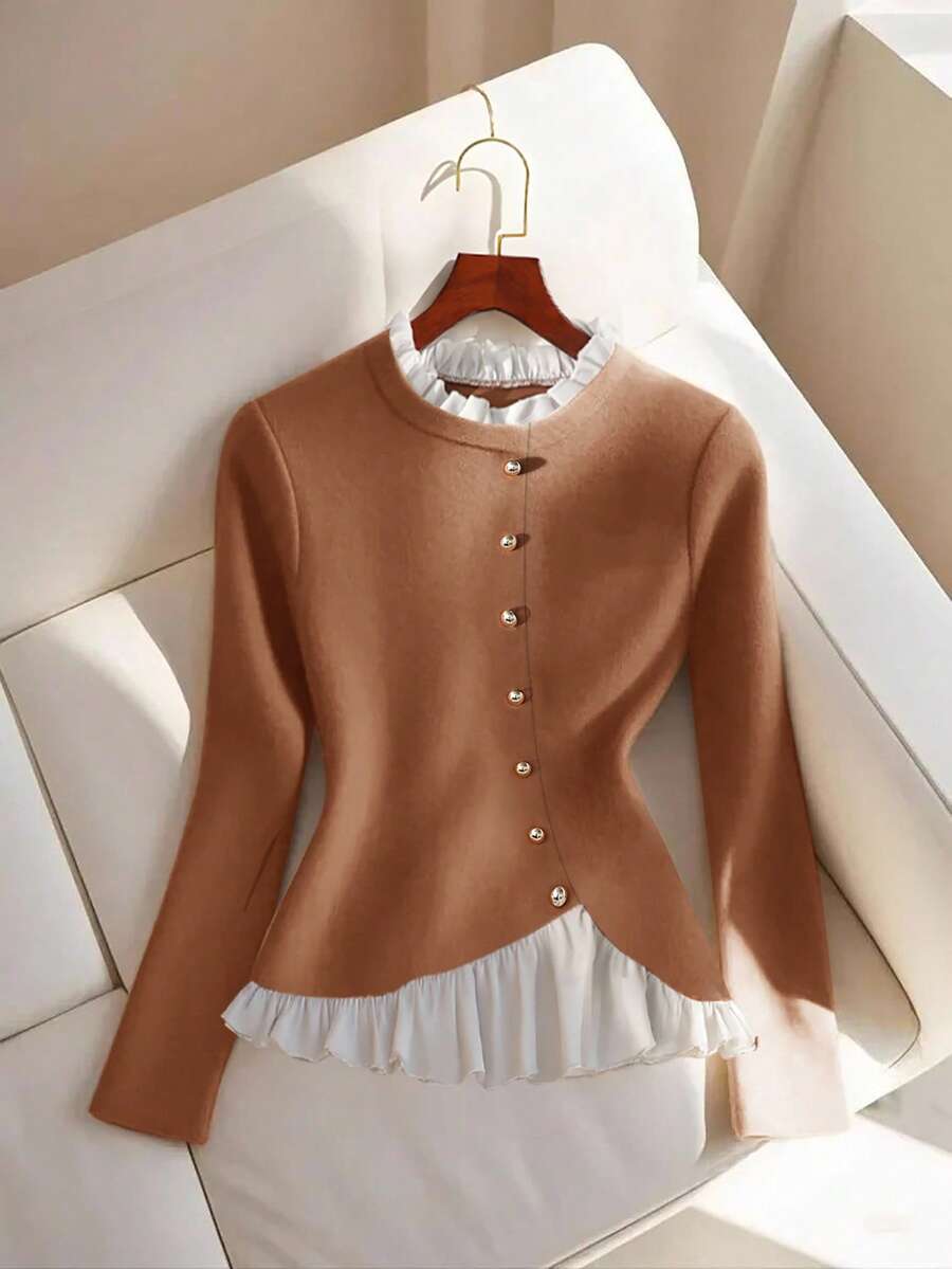 GlowEve 女士经典百搭暖色调长袖T恤，2025年秋冬新品 - 卡其色 - 查看 1