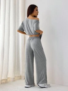 SHEIN PETITE 女款灰色夏季休閒日常兩件套，極簡街頭風露肩T恤與寬腿運動長褲套裝，基礎日常穿著衣物，適合嬌小女性 - 灰色 - 查看 10