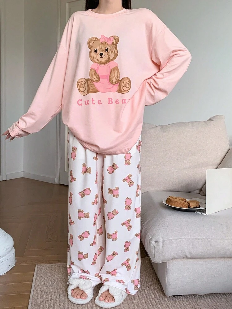 Cute Bear Print Loose Pajama Set, Fall Winter Clothes