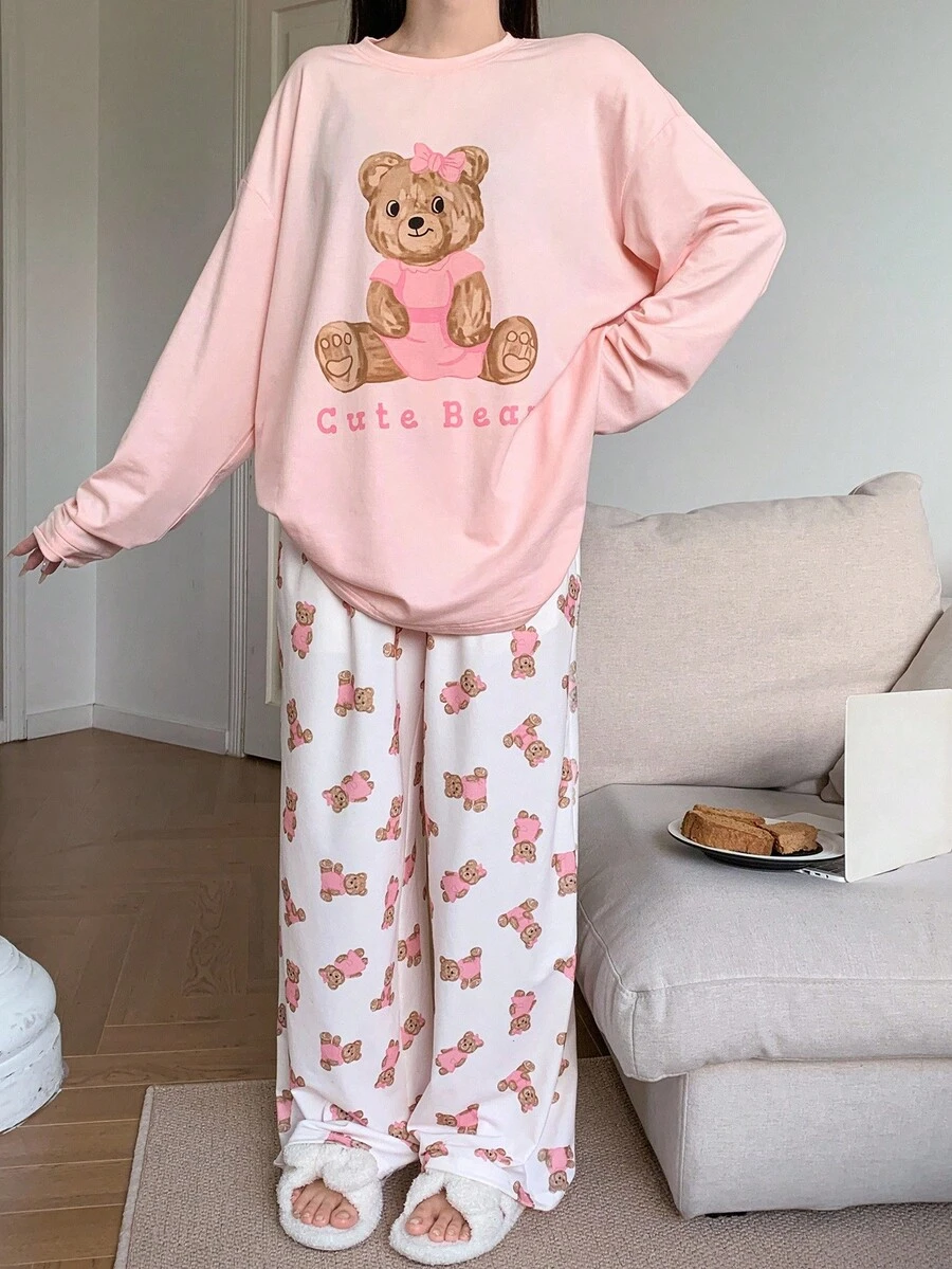 DAZY Cute Bear Print Loose Pajama Set, Fall Winter Clothes - Baby Pink - View 1