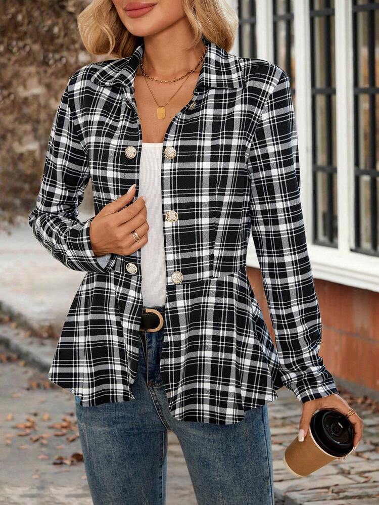 Women's Plaid Long Sleeve Metal Button Design Casual Regular Jacket In Fall/Winter