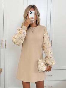 SHEIN LUNE Vestido corto casual de mujer con mangas largas y adornos de lentejuelas, vestido de mujer con mangas farol, vestido bordado, vestido de manga abullonada, vestido de lentejuelas, atuendos de fiesta para mujer, vestidos beige de mujer, vestidos de otoño para mujer, casual - Albaricoque - Ver 1