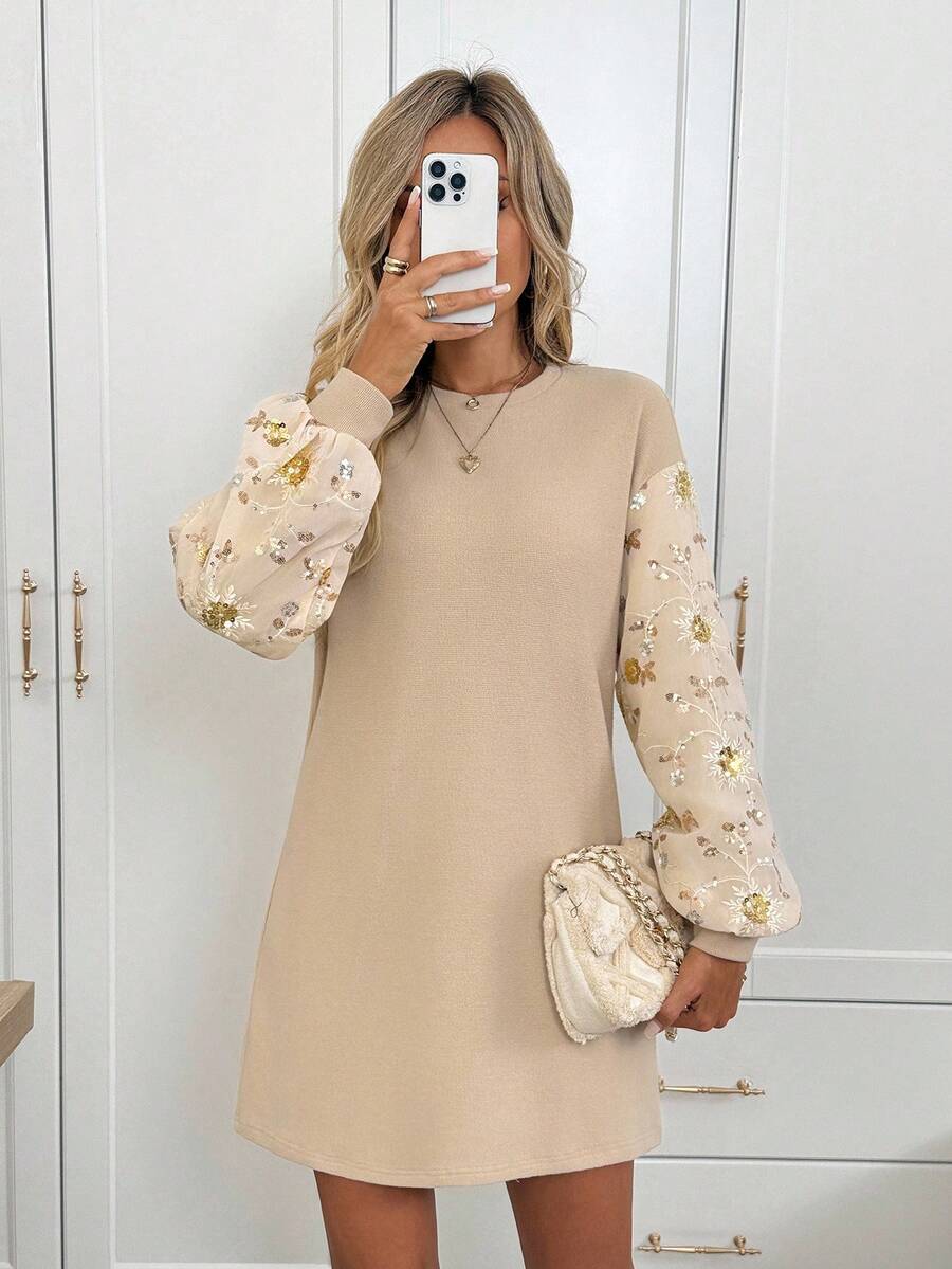 SHEIN LUNE Vestido corto casual de mujer con mangas largas y adornos de lentejuelas, vestido de mujer con mangas farol, vestido bordado, vestido de manga abullonada, vestido de lentejuelas, atuendos de fiesta para mujer, vestidos beige de mujer, vestidos de otoño para mujer, casual - Albaricoque - Ver 1