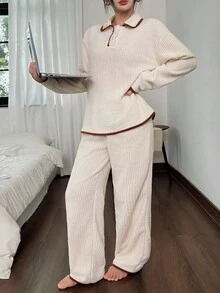 SHEIN Bộ đồ ngủ tay dài 3 nút cổ bẻ, mềm mại, thoải mái Dream Adore dành cho nữ, Thu/Đông, Quần áo Thu Đông, Ấm áp - Màu be - Xem 4