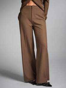 SHEIN BAE Damskie spodnie biurowe w jednolitym kolorze z wysokim stanem i szerokimi nogawkami, luźne, codzienne, brązowe spodnie damskie, spodnie damskie, stroje do pracy, strój biurowy, spodnie robocze na jesień/zimę - Kolor khaki - Zobacz 1