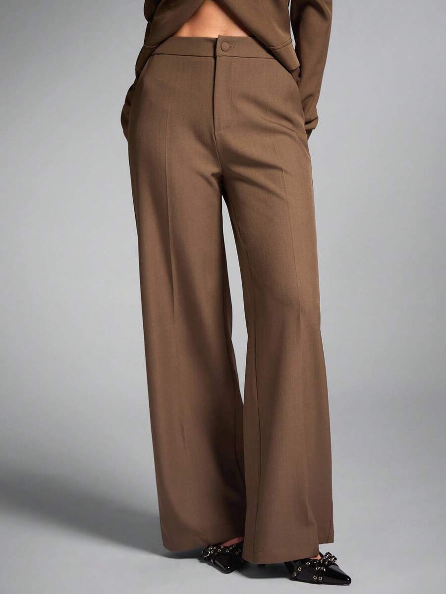 SHEIN BAE Damskie spodnie biurowe w jednolitym kolorze z wysokim stanem i szerokimi nogawkami, luźne, codzienne, brązowe spodnie damskie, spodnie damskie, stroje do pracy, strój biurowy, spodnie robocze na jesień/zimę - Kolor khaki - Zobacz 1