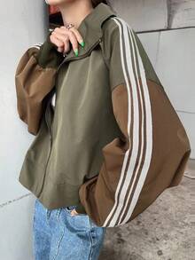 FRIFUL Women's Fall Contrast Side Stripe Casual Daily Loose Fit Long Sleeve Jacket,Back To School