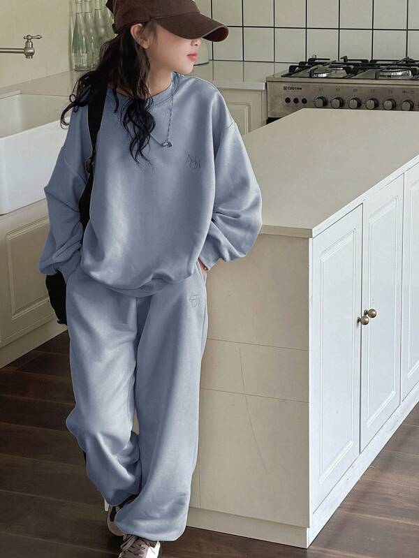 Dazy Kids Set de 2 piezas Conjunto de ropa informal de otoño para niña preadolescente, sudadera con cuello redondo y bordado de letras, ropa de vuelta al colegio