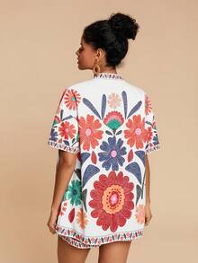 Travachic 2 件套女士度假宽松梭织短袖衬衫和高腰宽松短裤 - 白色 - 查看 2