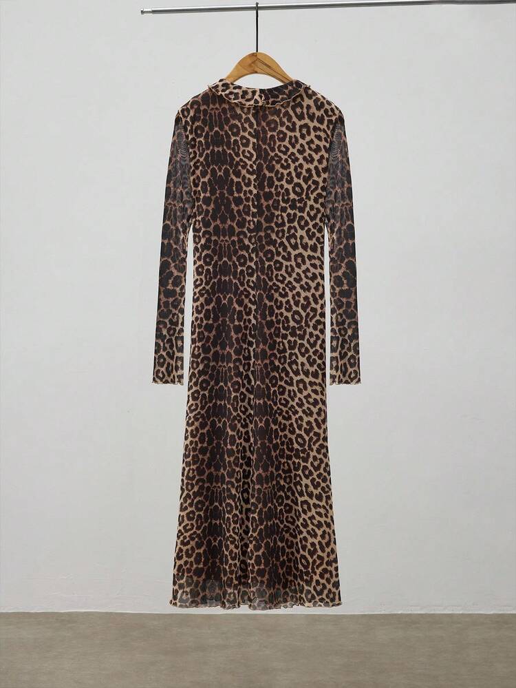 SHEIN Maija Women's Fashionable Commuter Leopard Print Flare Sleeve Dress, Leopard Dress, Brown Dress,Fall Clothes For Women,Cheetah Print