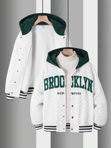 SHEIN 1 Piece Tween Boy White Casual Autumn School Back-To-School Textured Fabric Contrast Color Hooded Baseball Jacket For Birthday Parties,Sports & Daily - White - View 3