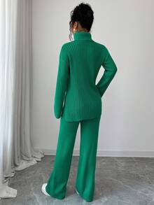 Elenzga 2件套女士高领毛衣+阔腿裤，宽松版型 - 綠色 - 查看 4
