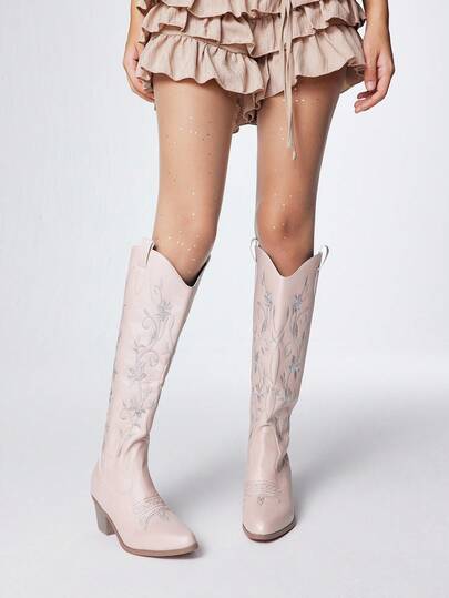 Kawaii Women's Hollow Design Butterfly Wing Embroidery Western Boots, New Spring/Autumn Leather Over-The-Knee Boots