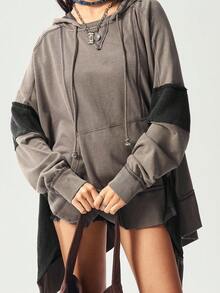 Bohemela 波西米亚风秋冬女式复古休闲针织拼接长袖宽松水洗侧开衩连帽卫衣，带口袋，西部乡村风格，适合音乐会、度假、日常穿着、返校季和万圣节等场合。 - 彩色 - 查看 6