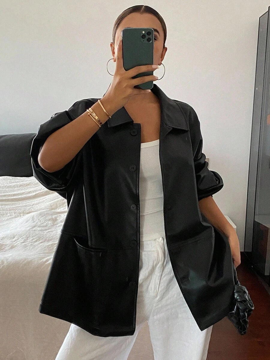 Livesso 女士宽松休闲加厚商务休闲夹克，秋冬新款皮夹克女式外套 - 黑色 - 查看 1