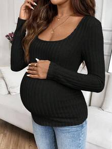 SHEIN Casual Solid Color Slim Fit Maternity Long Sleeve T-Shirt Long Sleeve Black Top Maternity Tops Pregnancy Clothes Maternity Shirts For Women Maternity Clothes
