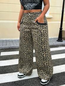 Jeanoix Plus Size Casual Leopard Print Denim Jeans, All Season - Brown - View 5