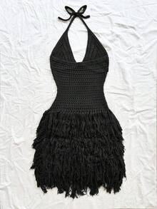 Soleia Váy ngắn hở lưng tua rua dệt kim họa tiết dành cho nữ, trang phục dự tiệc gợi cảm cho kỳ nghỉ hè trên bãi biển, thích hợp cho ngày lễ, tiệc trà chiều, mùa cưới, kỳ nghỉ du ngoạn trên biển, kỳ nghỉ đường phố, kỳ nghỉ Boho, lễ hội âm nhạc vào mùa thu/đông - màu đen - Xem 2