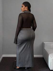 Maweii Conjunto de falda de cintura alta con diseño de rayas y blusa de manga larga con cuello para mujer de talla grande - Blanco y Negro - Ver 4