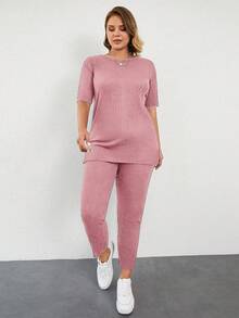 EURMUSE 大码夏季休闲纯色短袖T恤和裤子两件套 - 珊瑚粉 - 查看 3