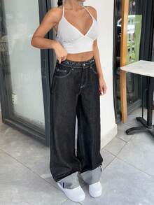 EURMUSE Woman Mid Waist Contrast Loose Straight Denim Jean Baggy Jeans Y2k Wide Leg Jeans Loose Jeans Oversized Jeans Jeans With Contrast Stitching - Dark Wash - View 5