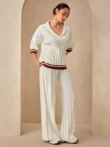 Modelyn 女式 Polo 领短袖针织毛衣和阔腿裤两件套，休闲宽松，时尚百搭针织装 - 杏色 - 查看 4