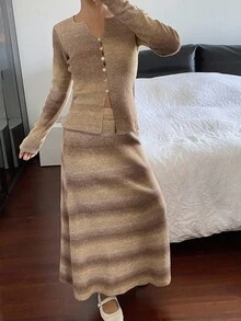 Livesso Women's Ombre V-Neck Cardigan And Skirt 2 Pieces Knit Set, Autumn