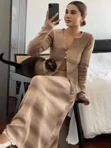 Livesso Women's Ombre V-Neck Cardigan And Skirt 2 Pieces Knit Set, Autumn