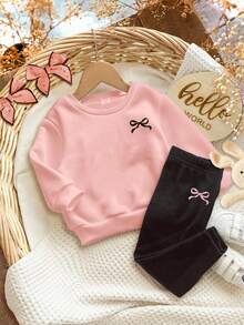 SHEIN Happikins 2pcs Baby Girl Casual Cute Minimalist Bow Decor Thick Soft Long Sleeve Crew Neck Sweatshirt And Pants Set, Suitable For Autumn & Winter Fall Clothes