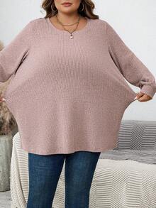 SHEIN CURVE+ 女士纯色罗纹拉绒舒适圆领长袖休闲 T 恤，适合秋冬季 - 粉色 - 查看 5