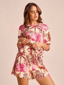 CAJUNI Shorts de mujer estilo boho, tropical y divertido para resort, con estampado de árbol de coco y leopardo, de corte casual y vacacional, con volantes en el bajo