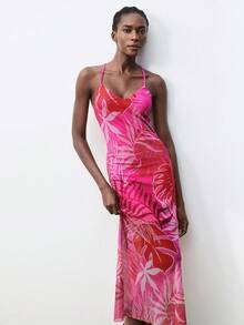 Maija 女士V领无袖露背系带大碎花连衣裙，秋季女士套装裙套装女士秋季服装女士沙特国庆新年连衣裙 - 彩色 - 查看 5