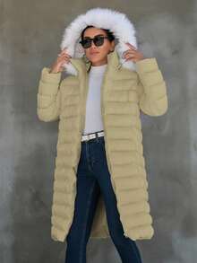EURMUSE Petite Fuzzy Trim Hooded Slant Pocket Fleece Lined Padded Coat - Beige - View 5
