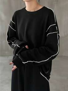 FRIFUL 女式宽松落肩撞色饰边 T 恤，休闲百搭，秋冬长袖上衣 - 黑色 - 查看 7