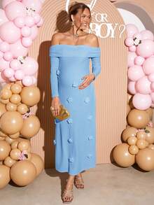 Loomaby 孕妇3D花卉装饰露肩连衣裙，蓝色 - 淺藍色 - 查看 3