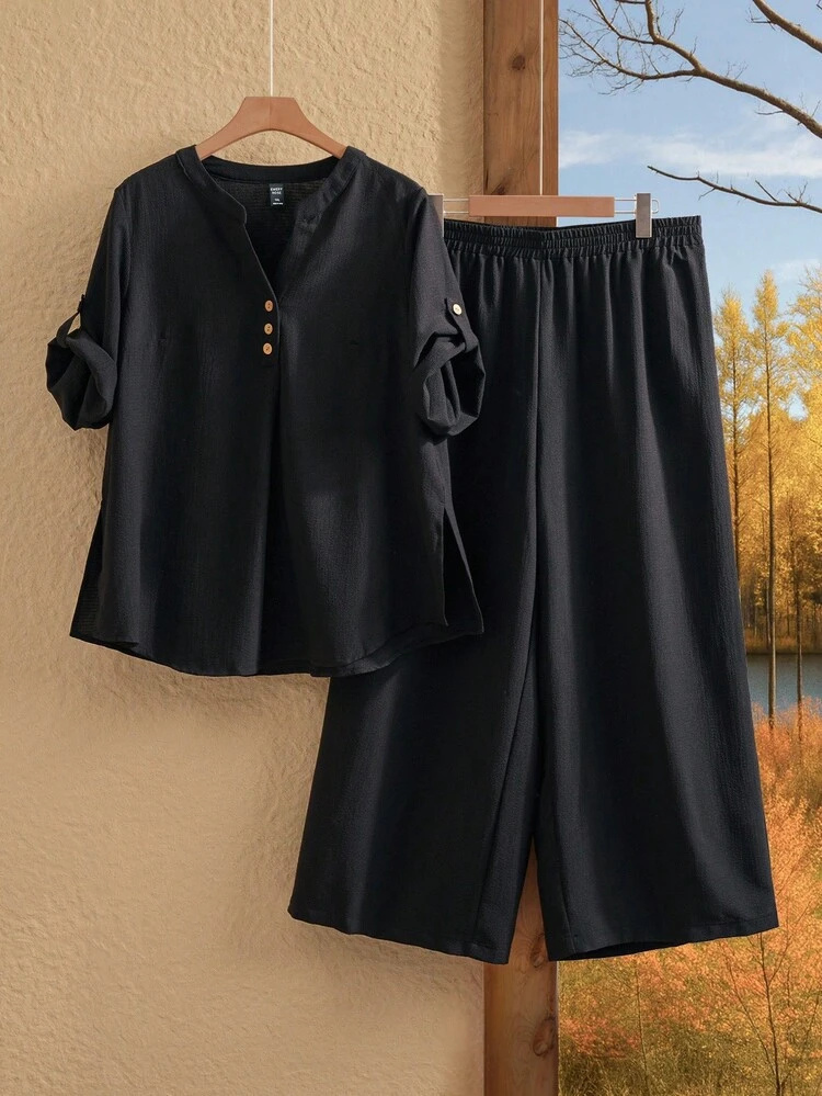 Plus Notched Neck Roll Tab Sleeve Top & Wide Leg Pants