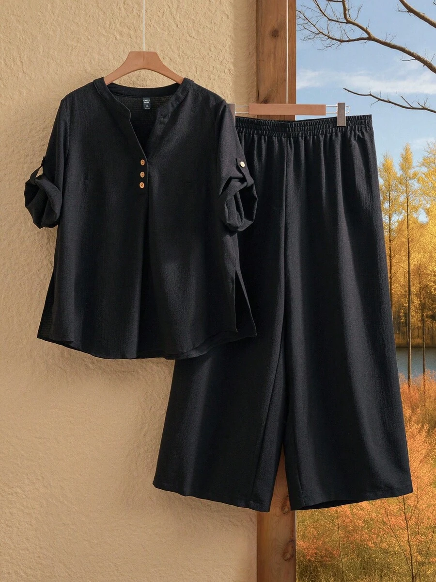 EMERY ROSE Plus Notched Neck Roll Tab Sleeve Top & Wide Leg Pants - Black - View 1