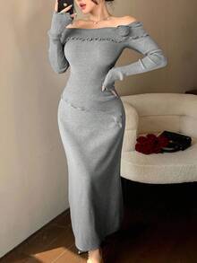 DAZY Women's Elegant Solid Color Off Shoulder 3D Flower Asymmetric Sweater & Skirt 2-Piece Set, Autumn - Grey - View 6